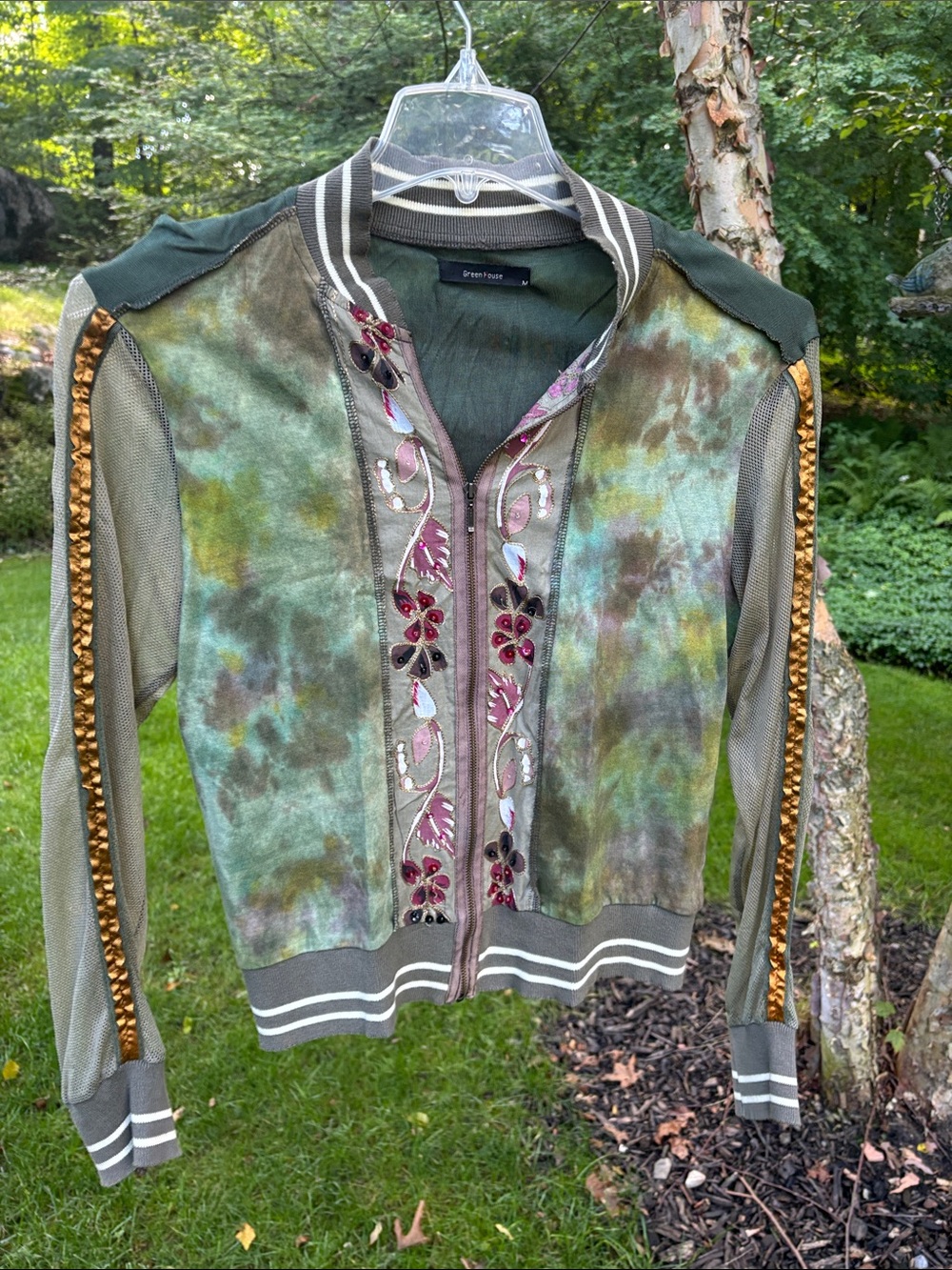 Green mesh material Tie-Dye Embroidered Bomber Jacket